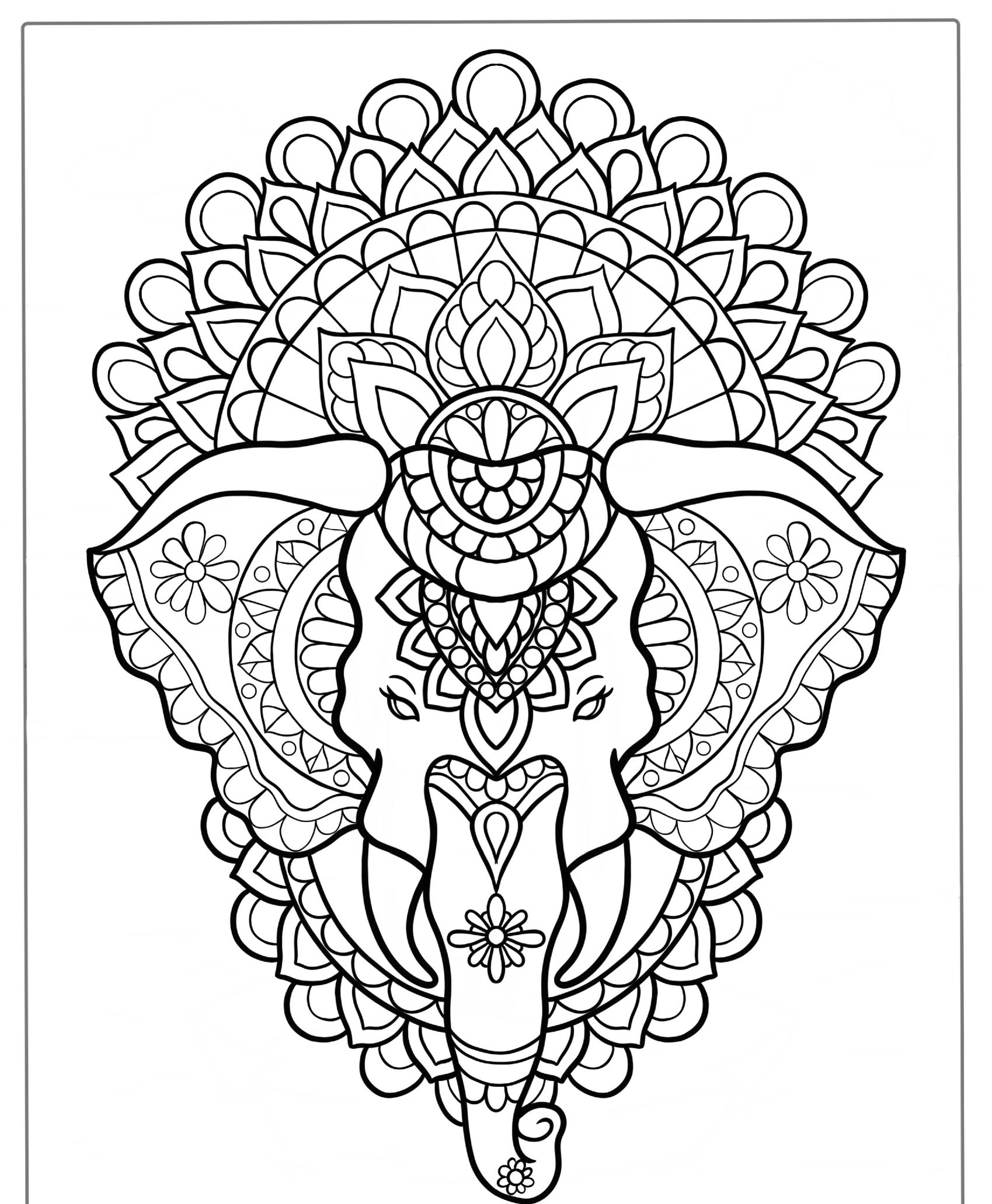 Desenho de elefante com detalhes florais para colorir.