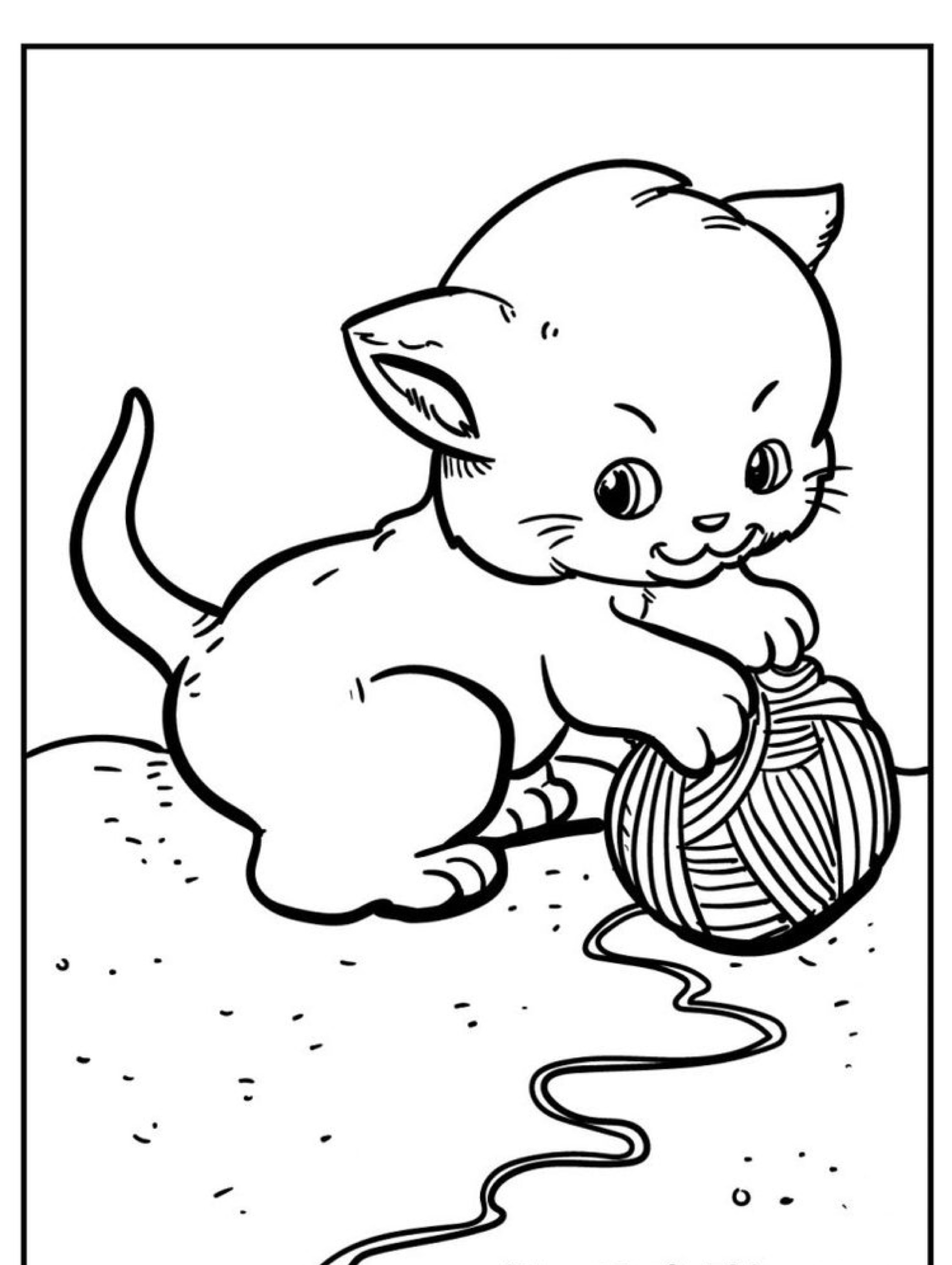 Um gatinho fofo brinca com uma bola de lã, com um fio se desenrolando no chão. Para colorir