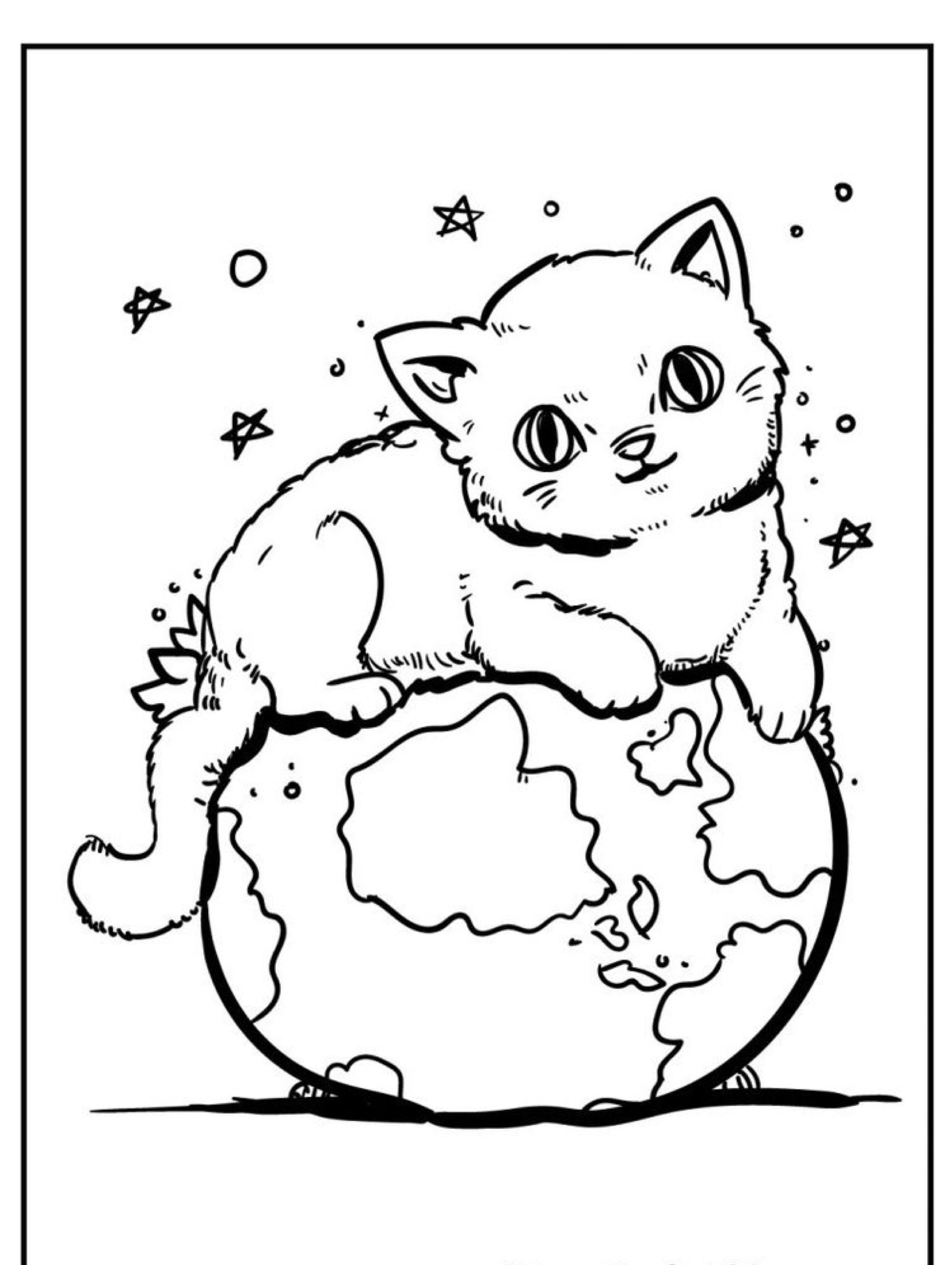 Um gatinho fofo descansando em cima de um globo, cercado por estrelas, em uma ilustração em preto e branco. Para colorir