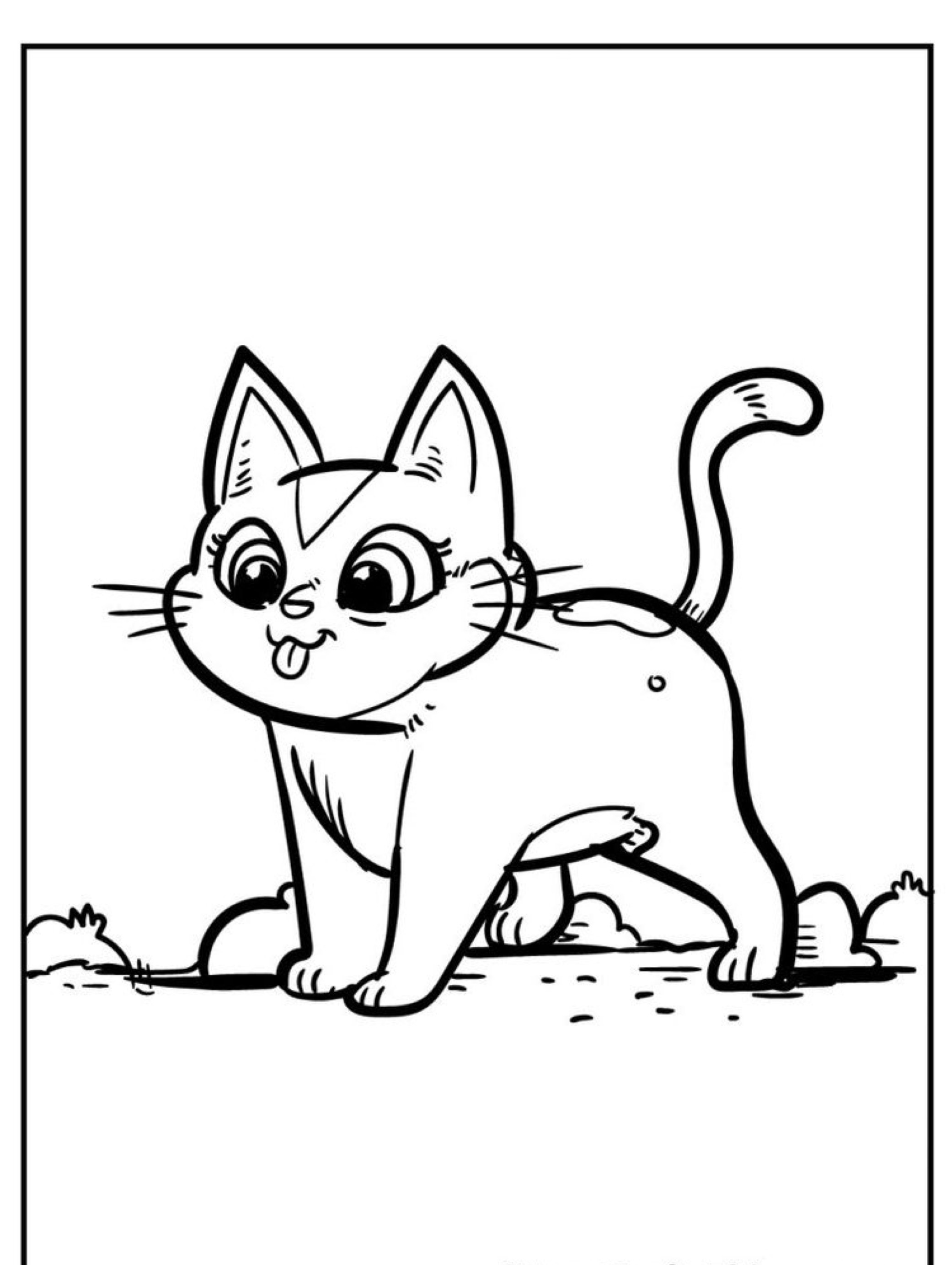 Um gato de desenho animado parado em um caminho, mostrando a língua de forma brincalhona. para colorir