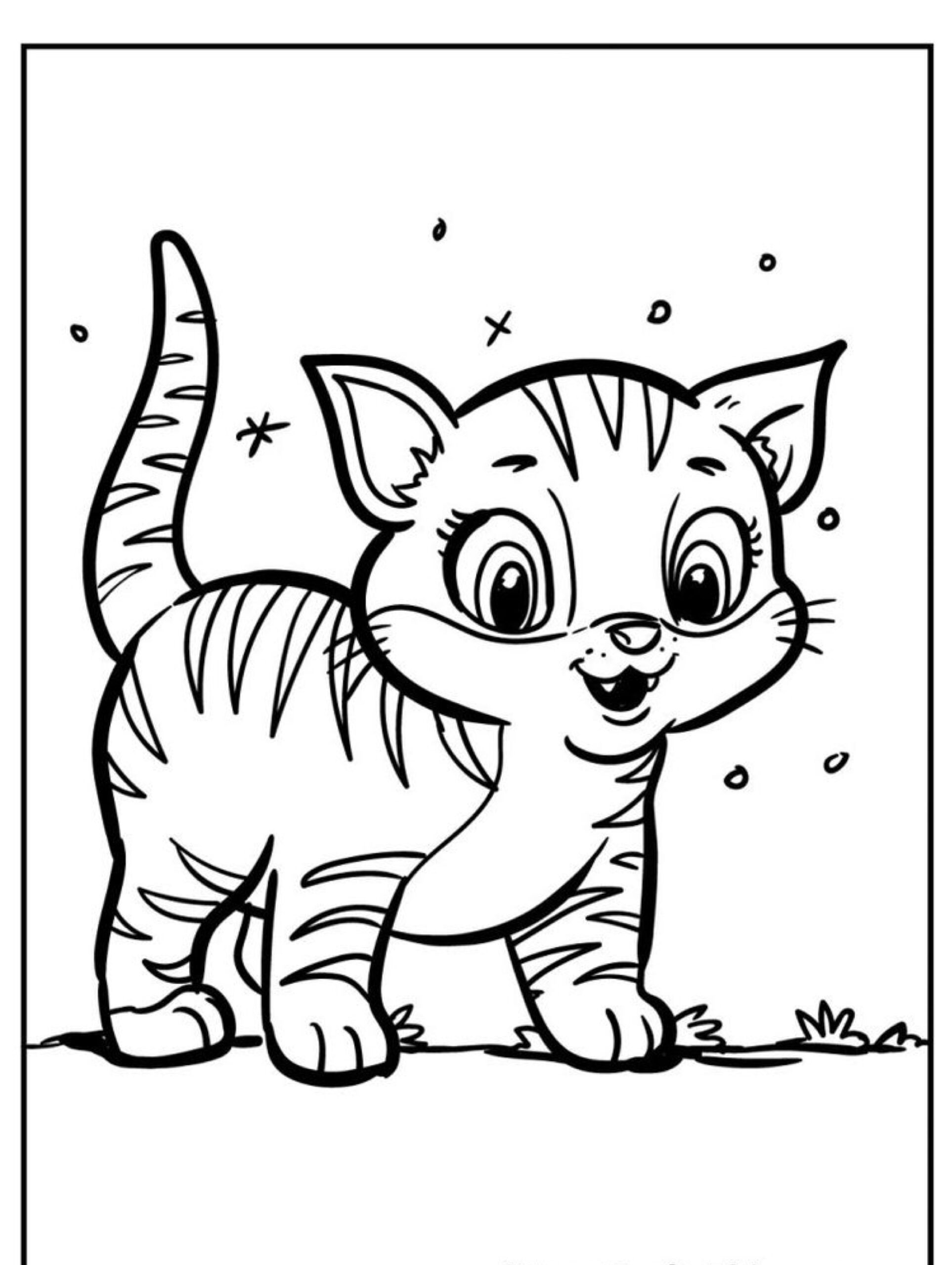 Um gatinho fofo de desenho animado com olhos grandes e listras está na grama com uma expressão feliz sob uma folha caindo. para colorir