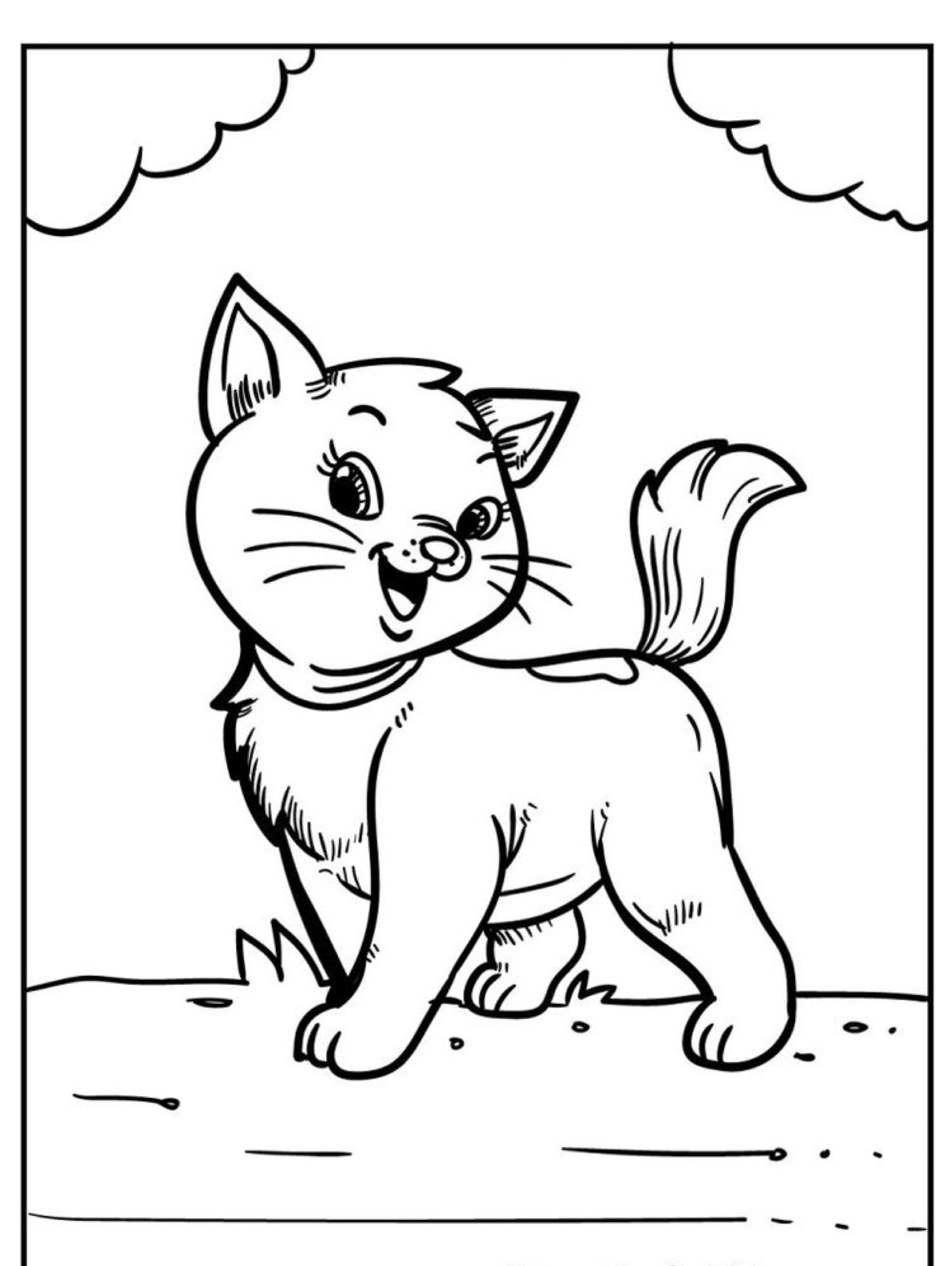 Um gatinho de desenho animado feliz parado em um pedaço de grama, olhando para trás com um sorriso sob um céu parcialmente nublado. Preto e branco. Para colorir