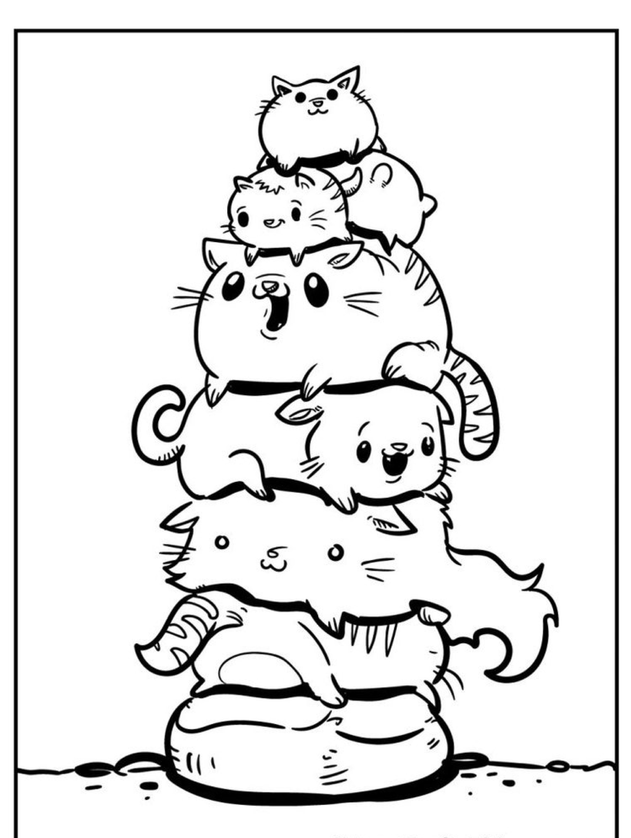 Cinco gatos empilhados em uma torre; os gatos são desenhados em um estilo fofo de desenho animado, cada um com uma expressão distinta. Para colorir