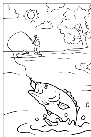 Pescador pega peixe saltando na água. Desenho para colorir.