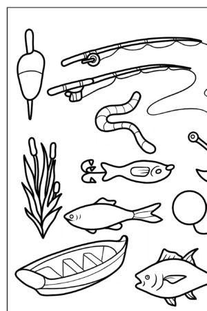 Desenho para colorir de itens de pesca com peixes.