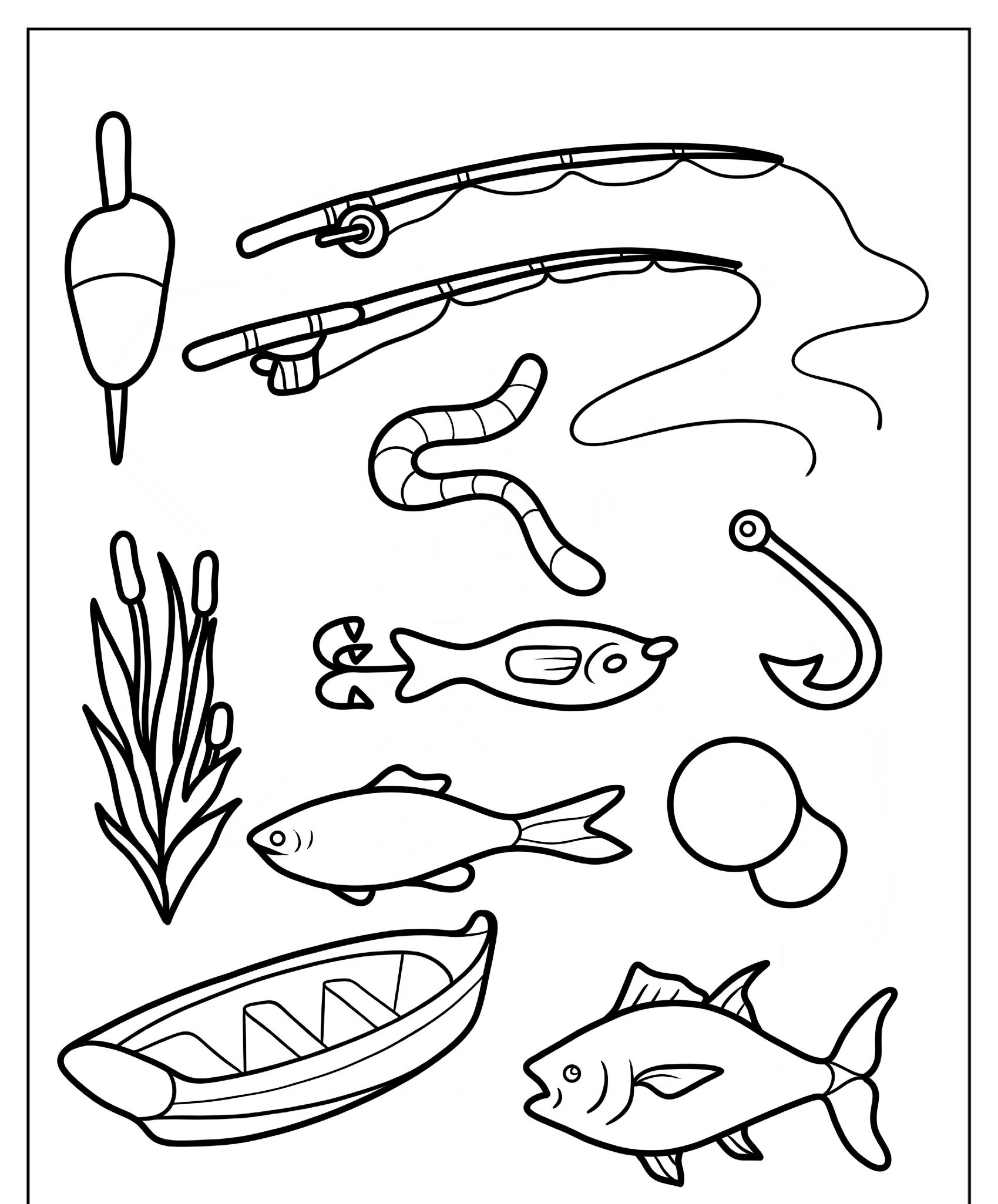 Desenho para colorir de itens de pesca com peixes.