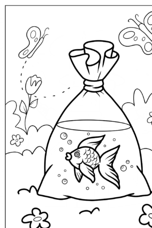 Peixe em sacola plástica, borboletas ao fundo para colorir.