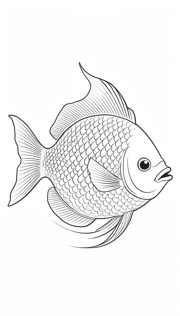 Desenho fofinho de peixe com escamas detalhadas para colorir.