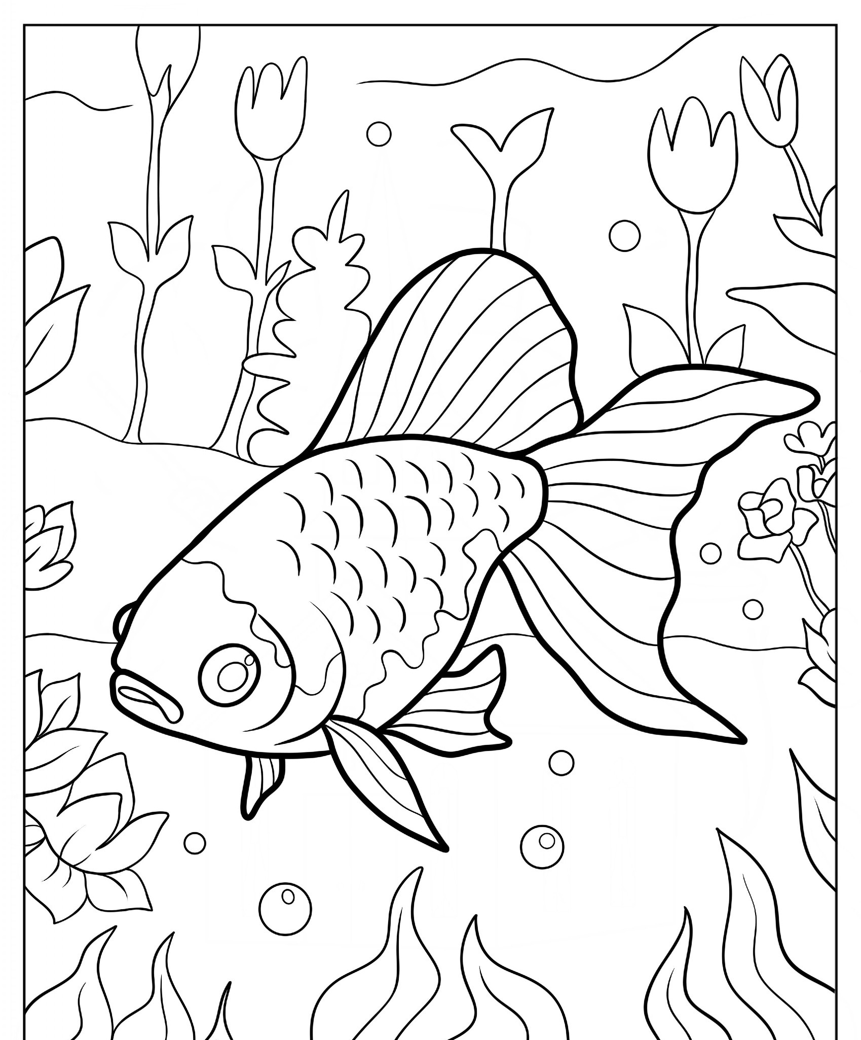 Desenho de peixe com grandes nadadeiras para colorir.