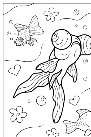 Peixes com olhos grandes e flores. Desenho para colorir.