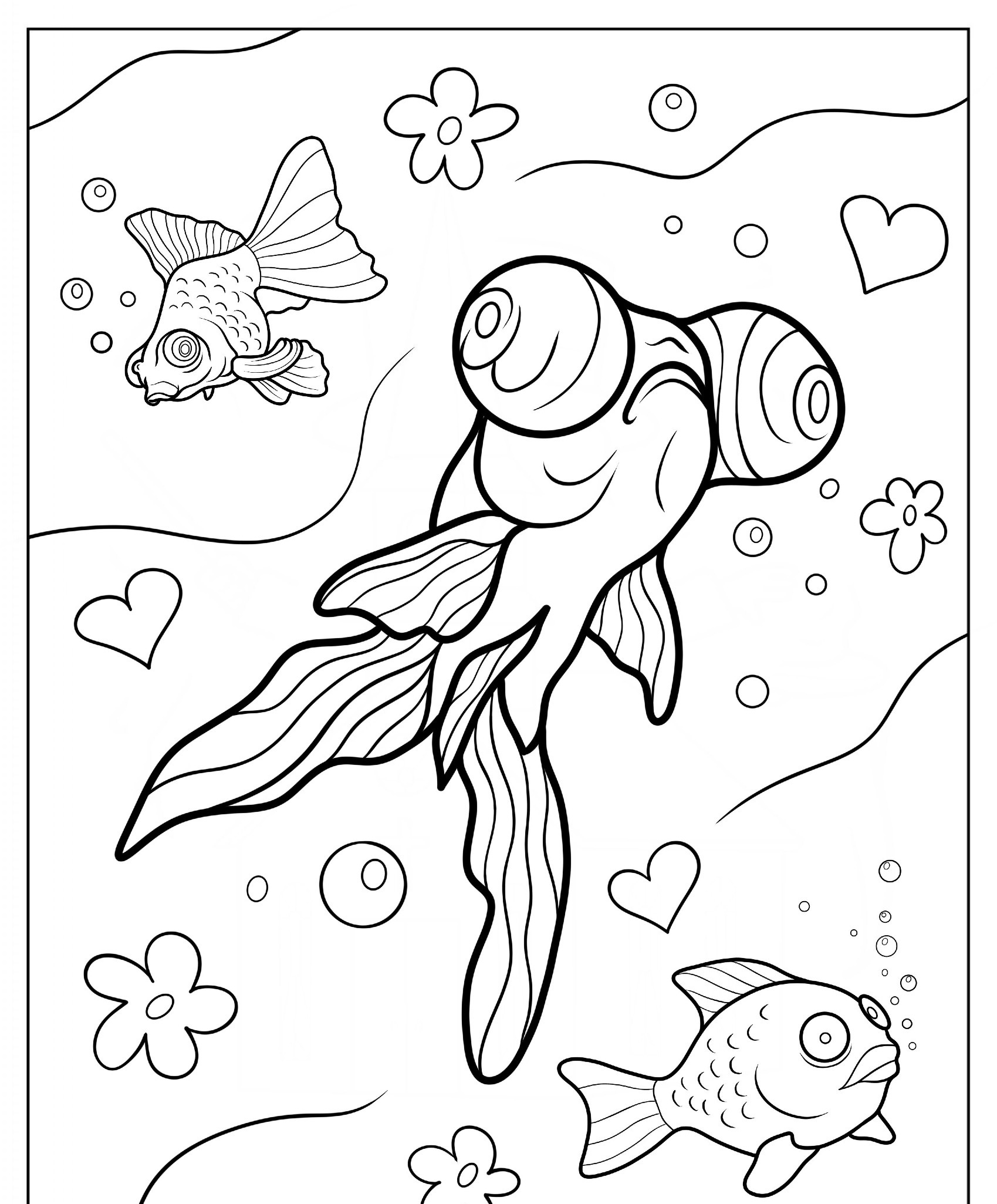 Peixes com olhos grandes e flores. Desenho para colorir.