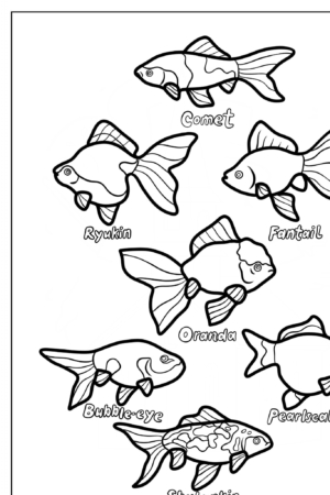 Desenho para colorir de sete tipos de peixes dourados com nomes escritos.