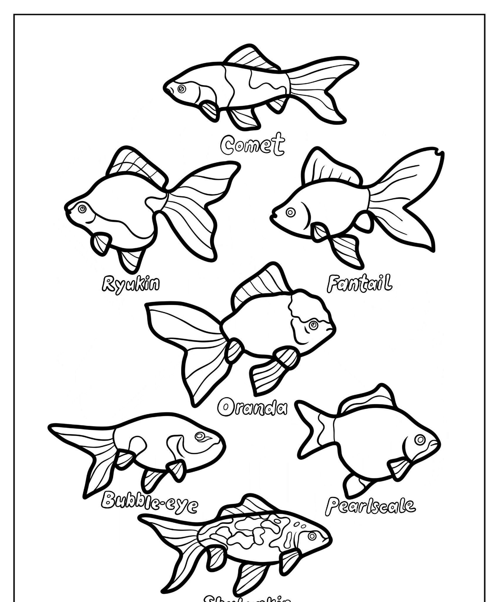 Desenho para colorir de sete tipos de peixes dourados com nomes escritos.