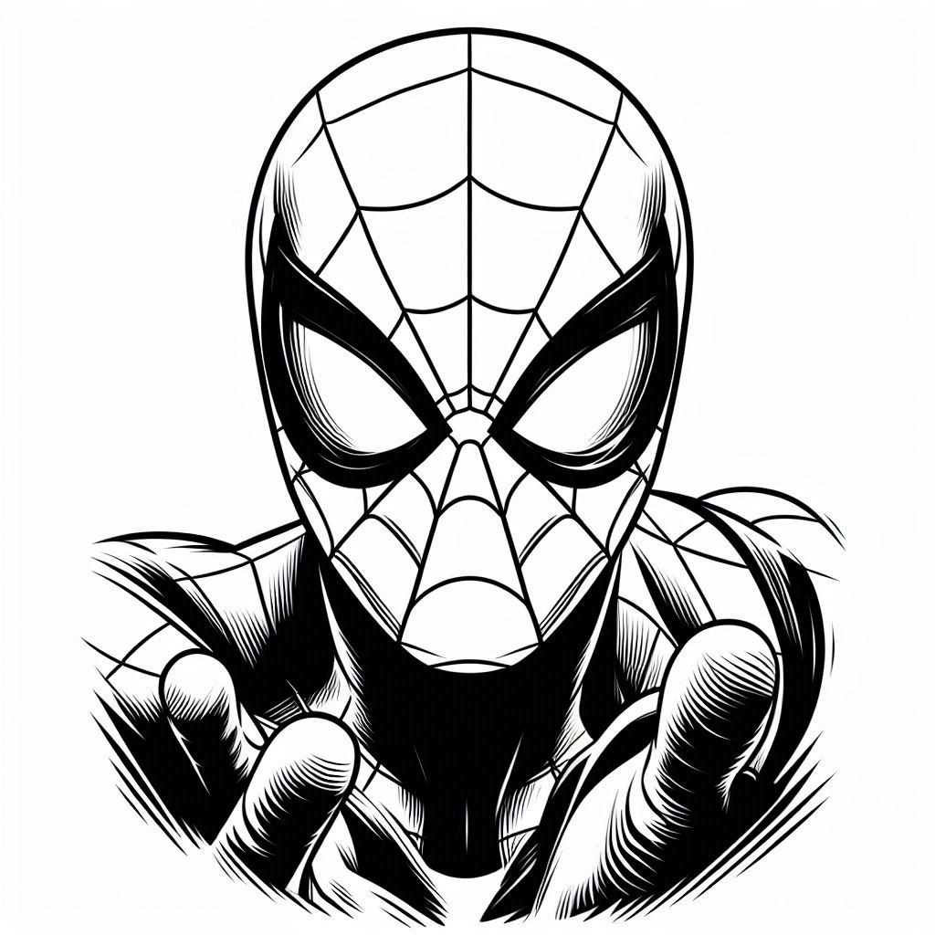 Desenho do Homem-Aranha para colorir, detalhe do rosto e mãos.