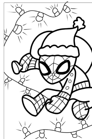 Desenho de super-herói com luzes de natal, para colorir.