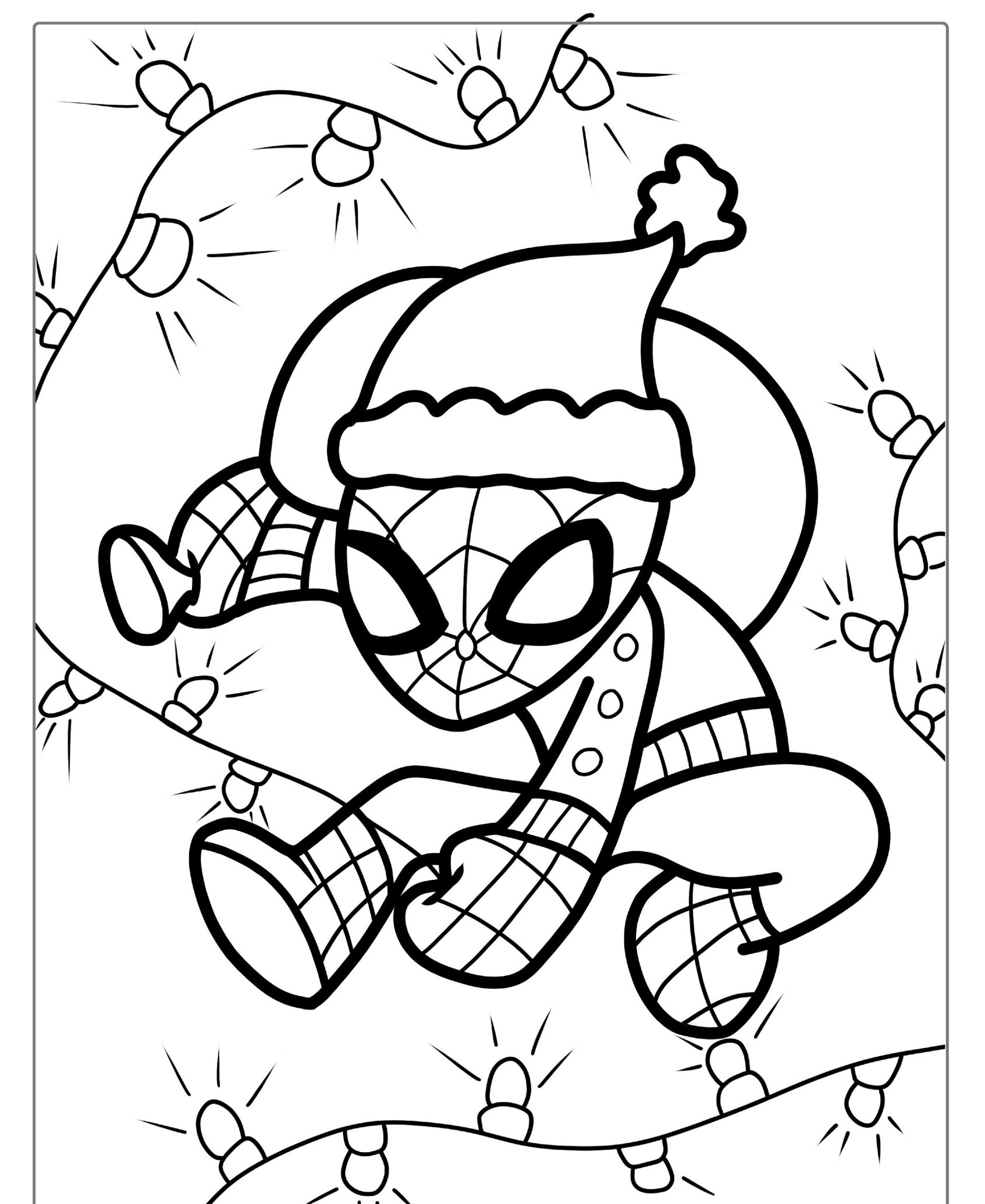 Desenho de super-herói com luzes de natal, para colorir.