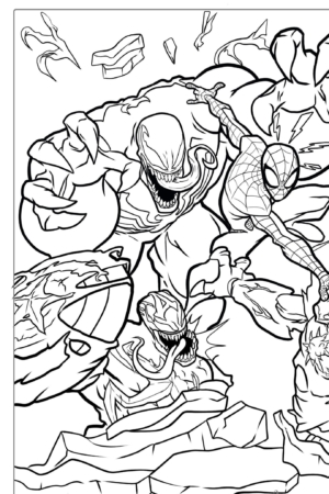 Homem-Aranha e Venom em batalha, com muitos detalhes, para colorir.