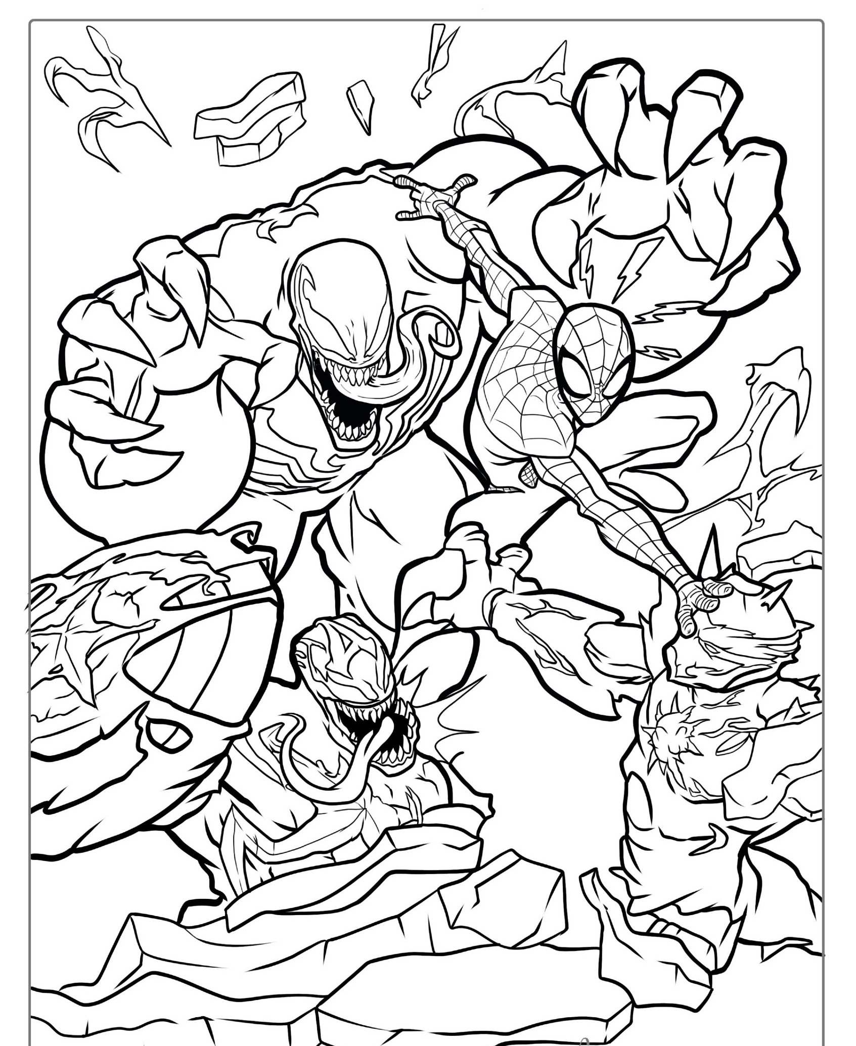 Homem-Aranha e Venom em batalha, com muitos detalhes, para colorir.