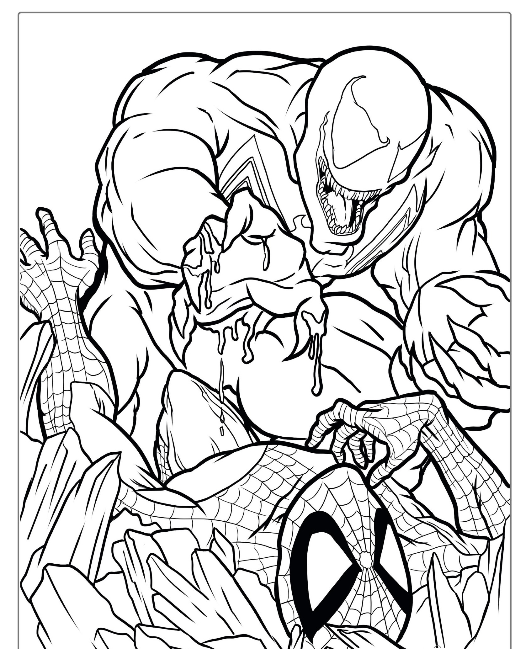 Homem-Aranha e Venom em uma batalha, desenho para colorir.