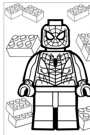 Imagem de um boneco de montar do Homem-Aranha para colorir, com blocos ao fundo.