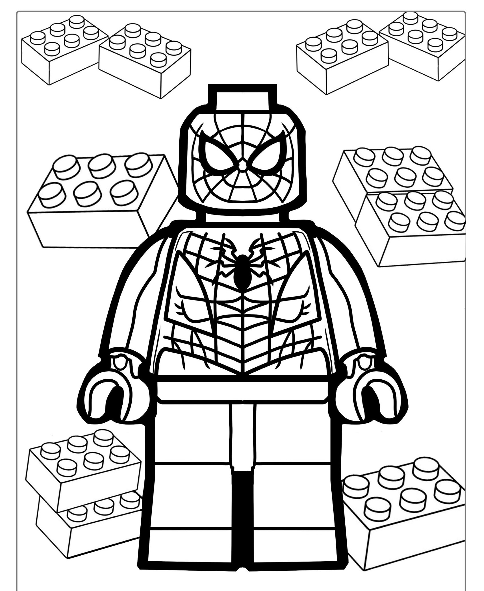 Imagem de um boneco de montar do Homem-Aranha para colorir, com blocos ao fundo.