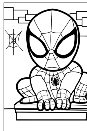 Desenho para colorir de super-herói em posição de escalada, fundo com parede.