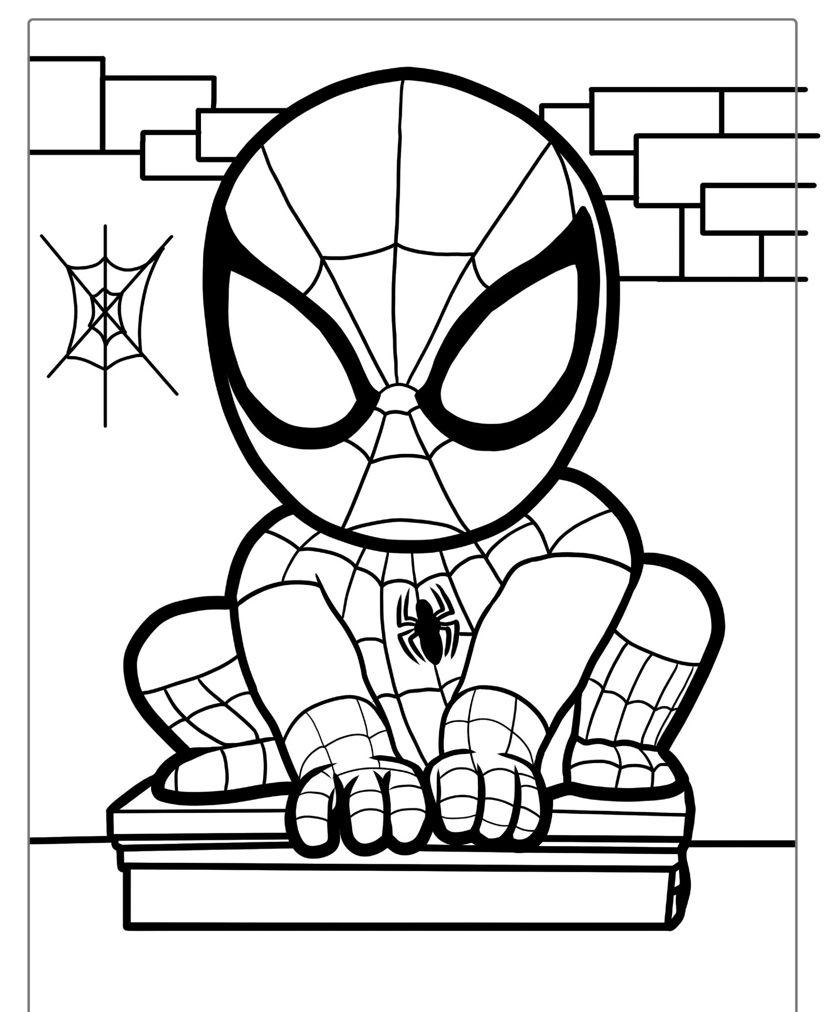 Desenho para colorir de super-herói em posição de escalada, fundo com parede.