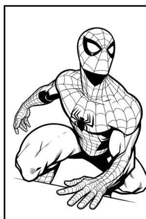 Desenho do Homem-Aranha agachado para colorir, detalhes em teias.