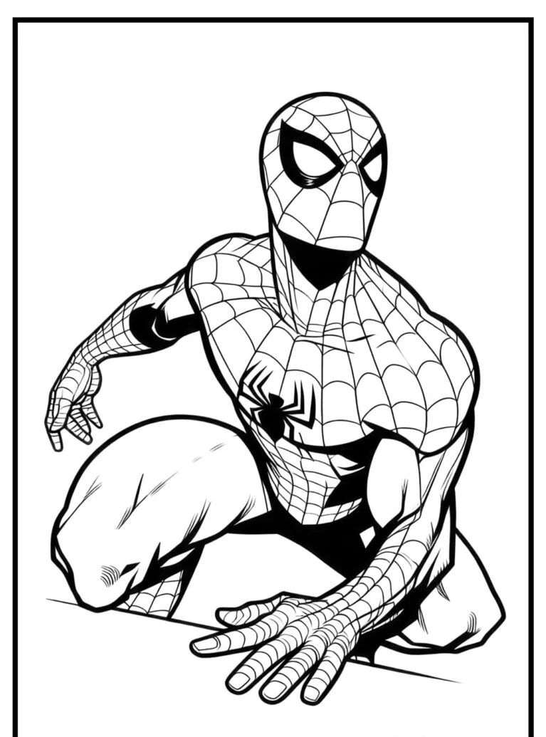 Desenho do Homem-Aranha agachado para colorir, detalhes em teias.