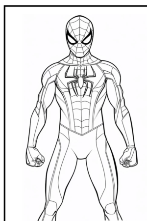 Desenho para colorir do Homem-Aranha em traje com teia no peito.