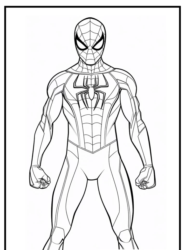 Desenho para colorir do Homem-Aranha em traje com teia no peito.