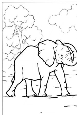 Elefante caminhando com árvores e nuvens ao fundo, desenho para colorir.