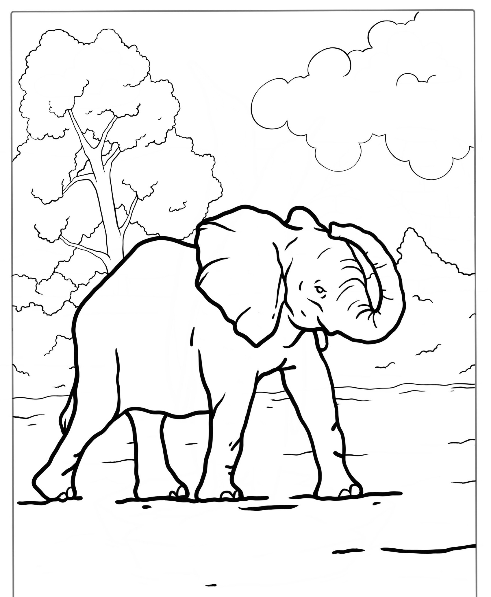 Elefante caminhando com árvores e nuvens ao fundo, desenho para colorir.