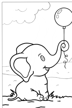 Elefante bebê segurando balão para colorir, grama no chão.