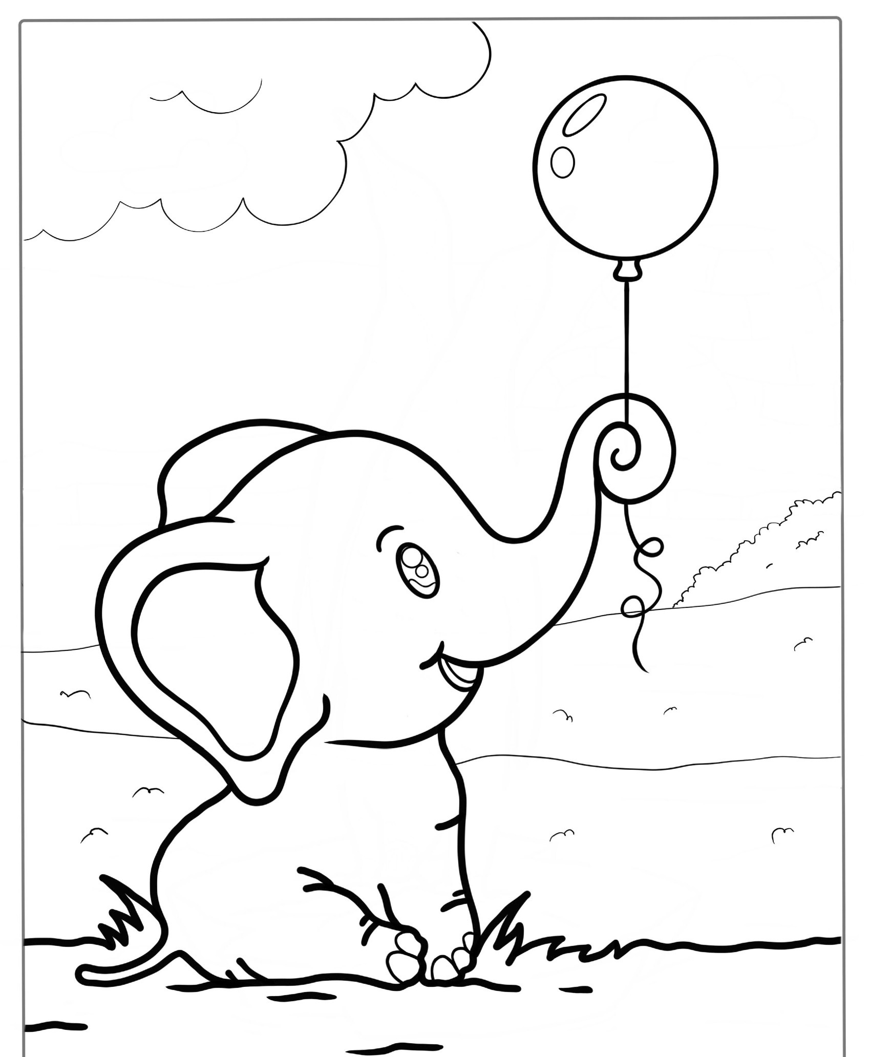 Elefante bebê segurando balão para colorir, grama no chão.