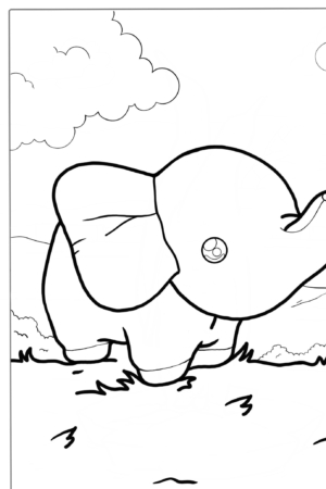 Elefante fofinho com paisagem de campo e nuvens para colorir.