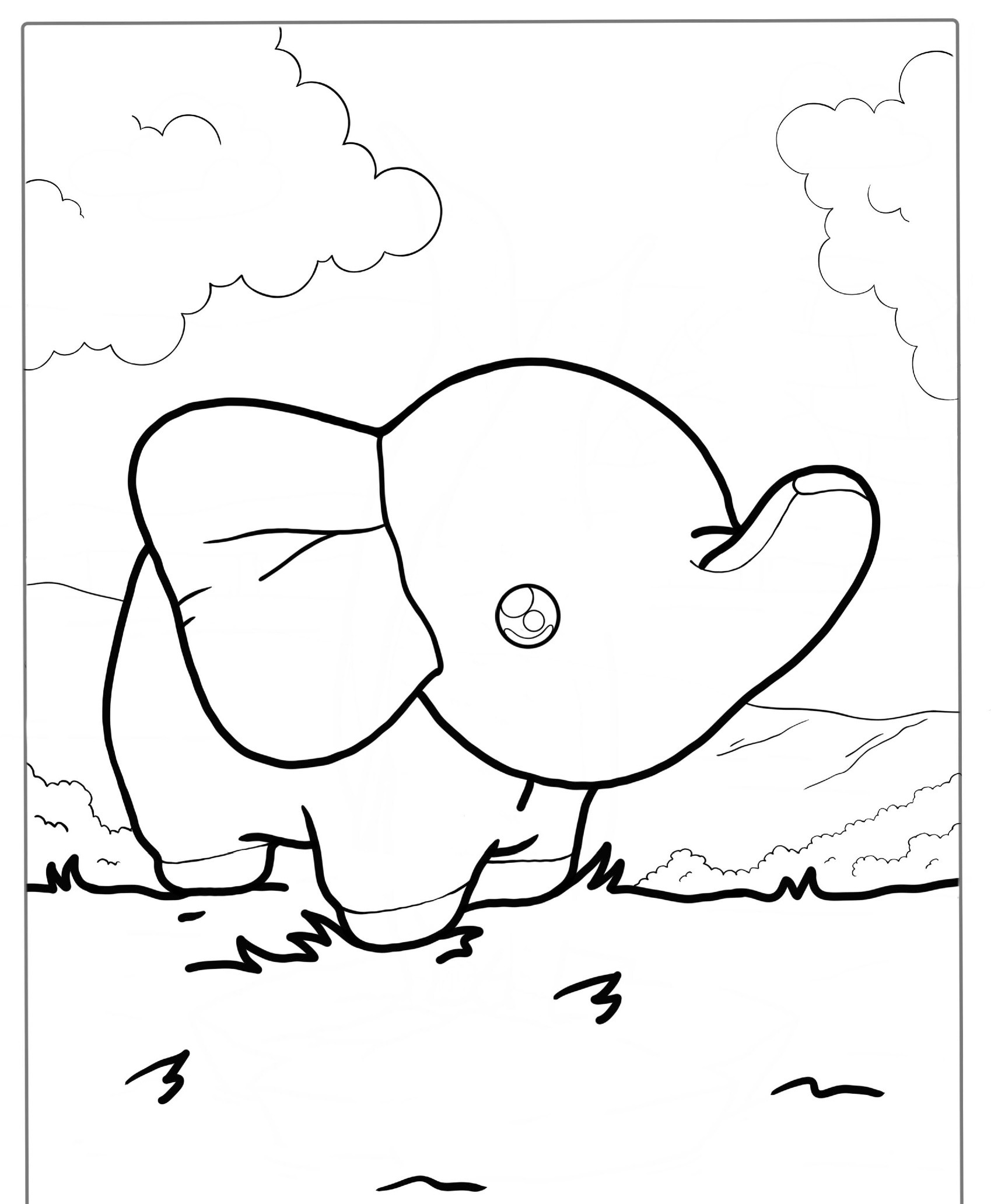 Elefante fofinho com paisagem de campo e nuvens para colorir.