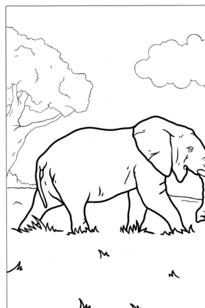 Desenho de elefante e árvore para colorir, céu com nuvens.