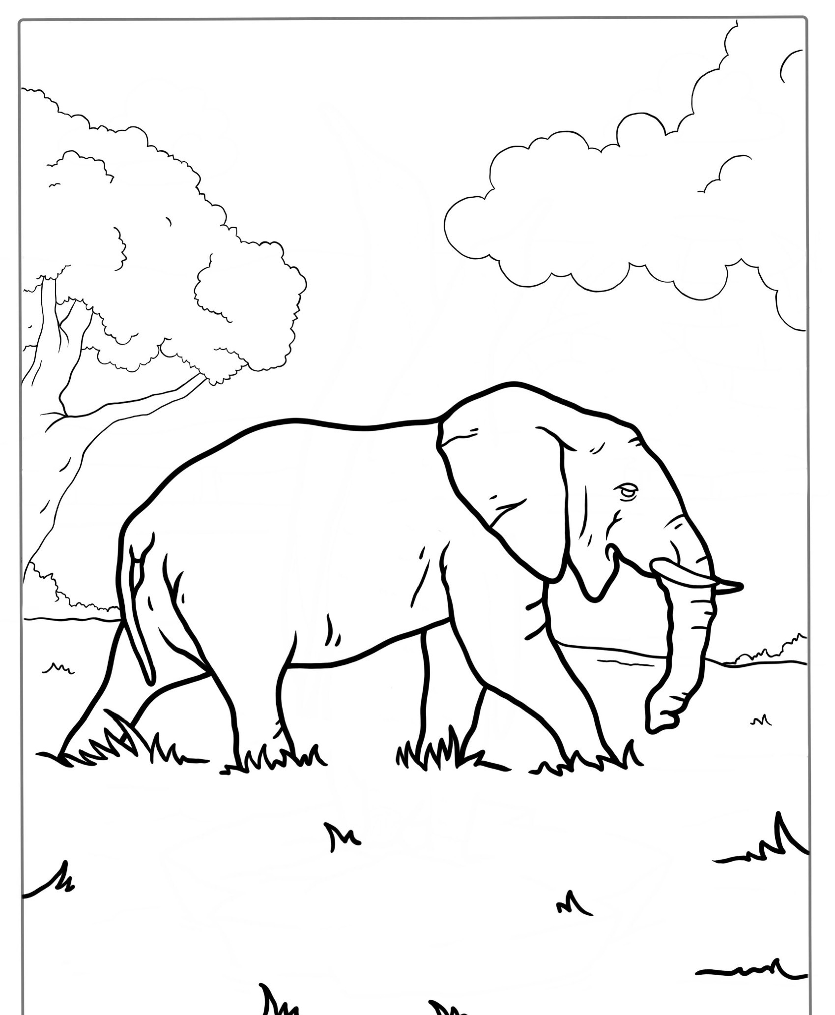 Desenho de elefante e árvore para colorir, céu com nuvens.