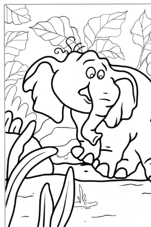 Elefante tímido na selva, folhas grandes ao redor, desenho para colorir.