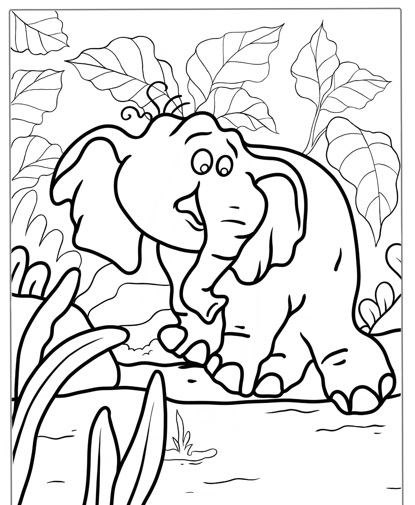 Elefante tímido na selva, folhas grandes ao redor, desenho para colorir.