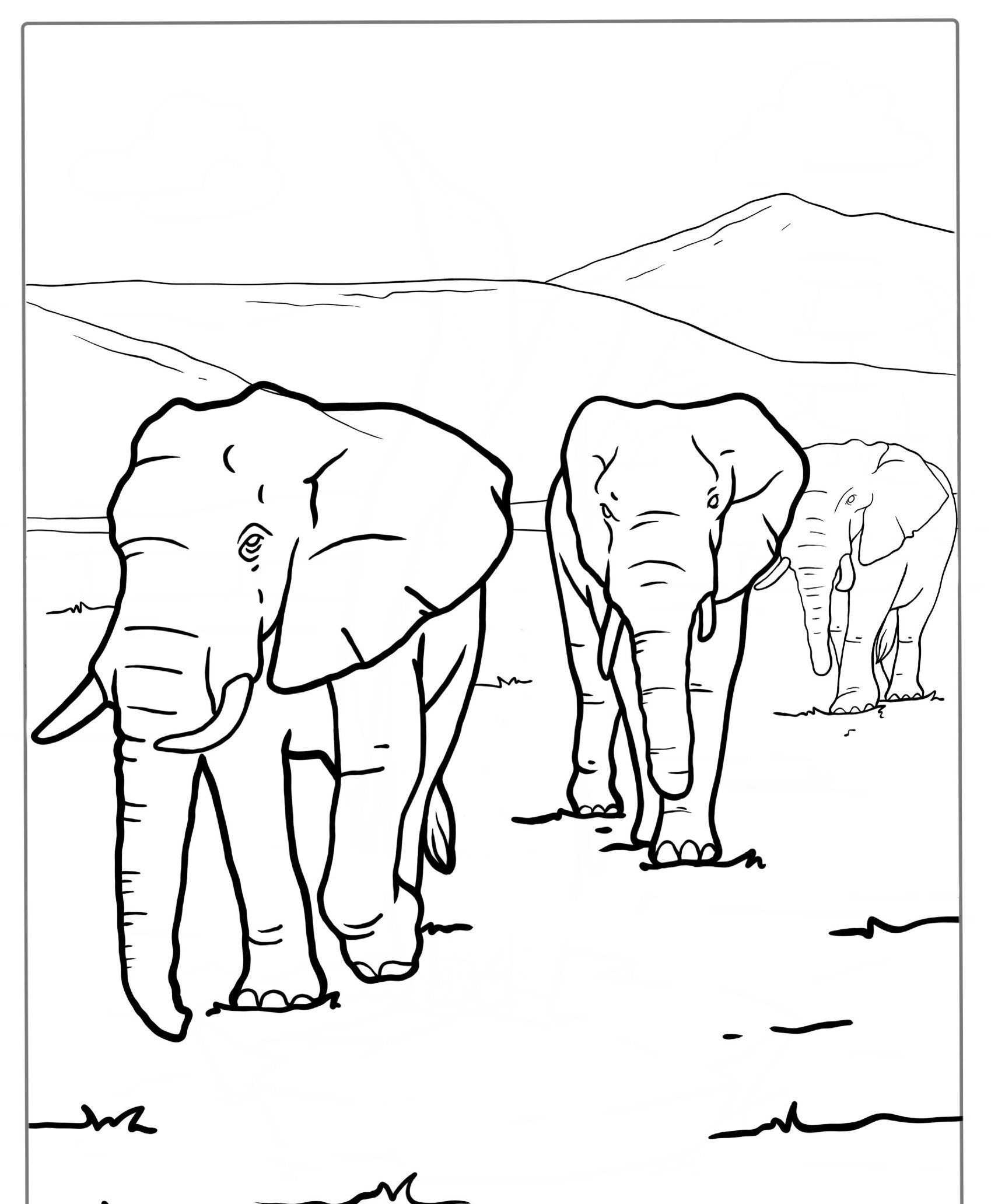 Desenho para colorir de três elefantes andando na savana.