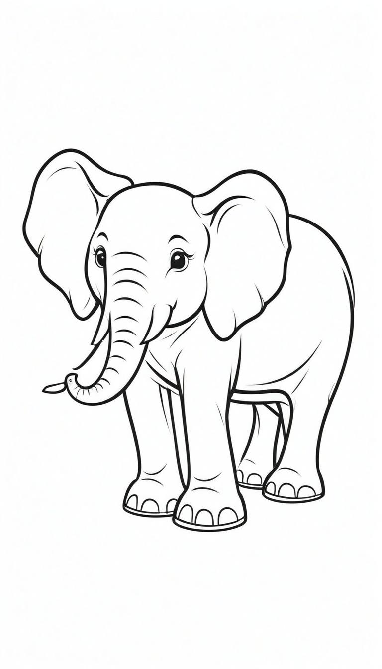 Desenho de elefante para colorir, linhas claras e nítidas.