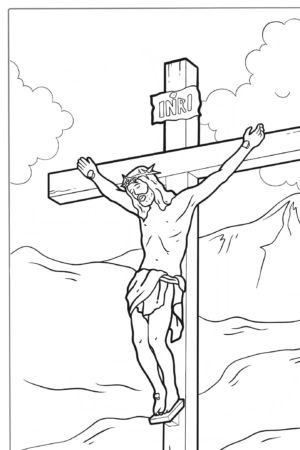 Desenho de Jesus crucificado com montanhas ao fundo para colorir