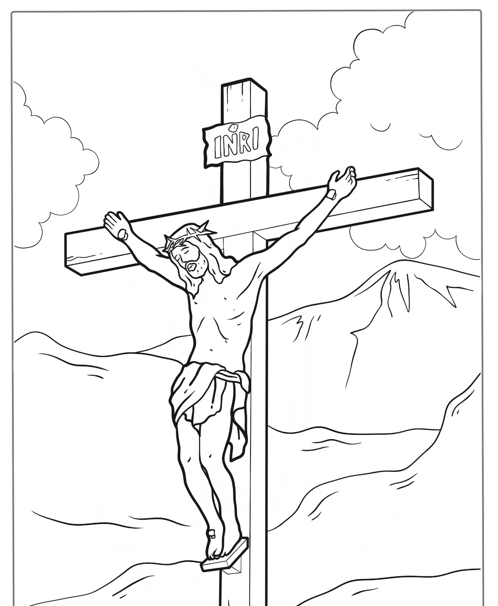 Desenho de Jesus crucificado com montanhas ao fundo para colorir