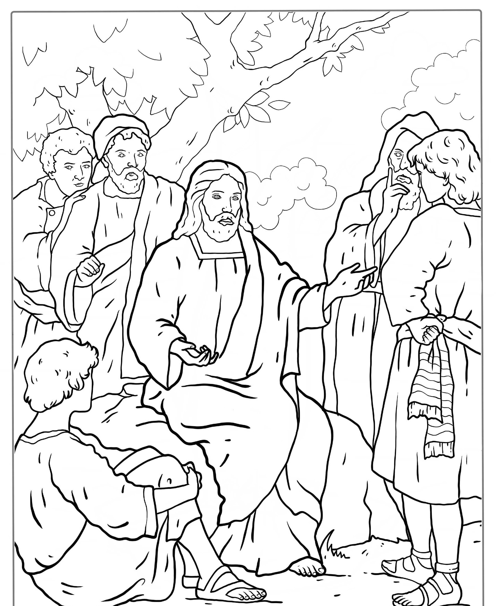 Desenho bíblico para colorir de Jesus ensinando pessoas.