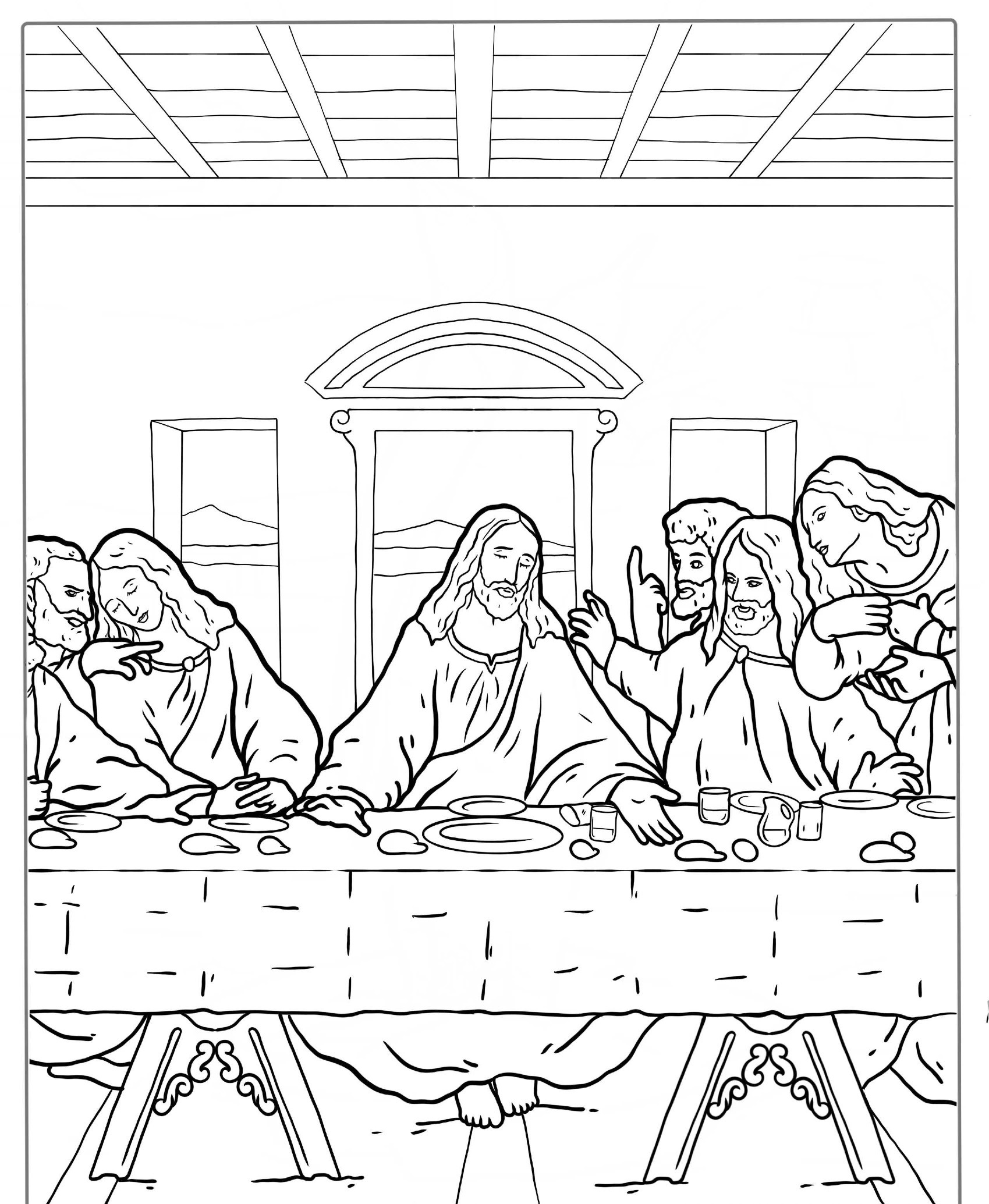 Última Ceia, desenhos bíblicos para colorir, mesa com comida.