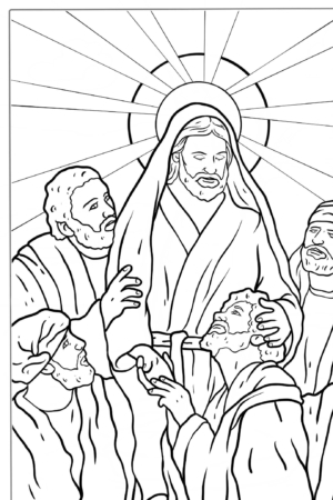 Desenho bíblico com Jesus e homens, com auréola para colorir.