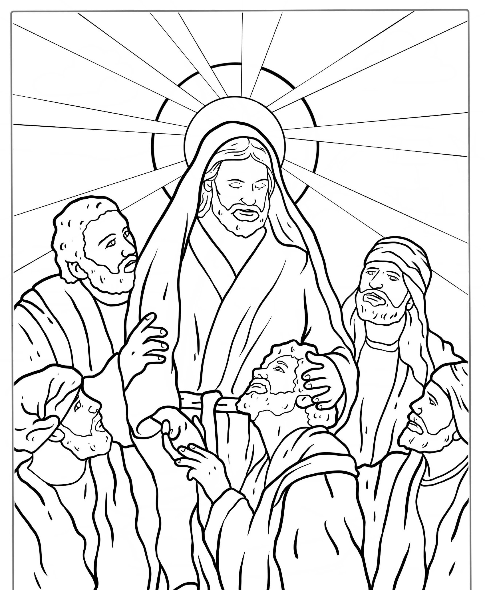 Desenho bíblico com Jesus e homens, com auréola para colorir.