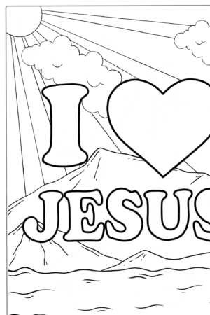 Desenho para colorir com "I Love Jesus" e paisagem com sol.